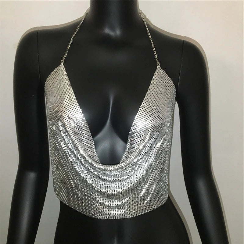 AKYZO Women 2025 Sexy Metal Sequined Tank Camis Summer Gold Silver Backless Cropped Glitter Beach Club Show Wear Tank Tops