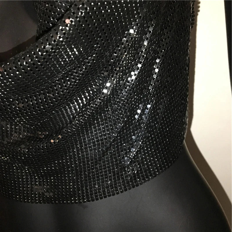 AKYZO Women 2025 Sexy Metal Sequined Tank Camis Summer Gold Silver Backless Cropped Glitter Beach Club Show Wear Tank Tops