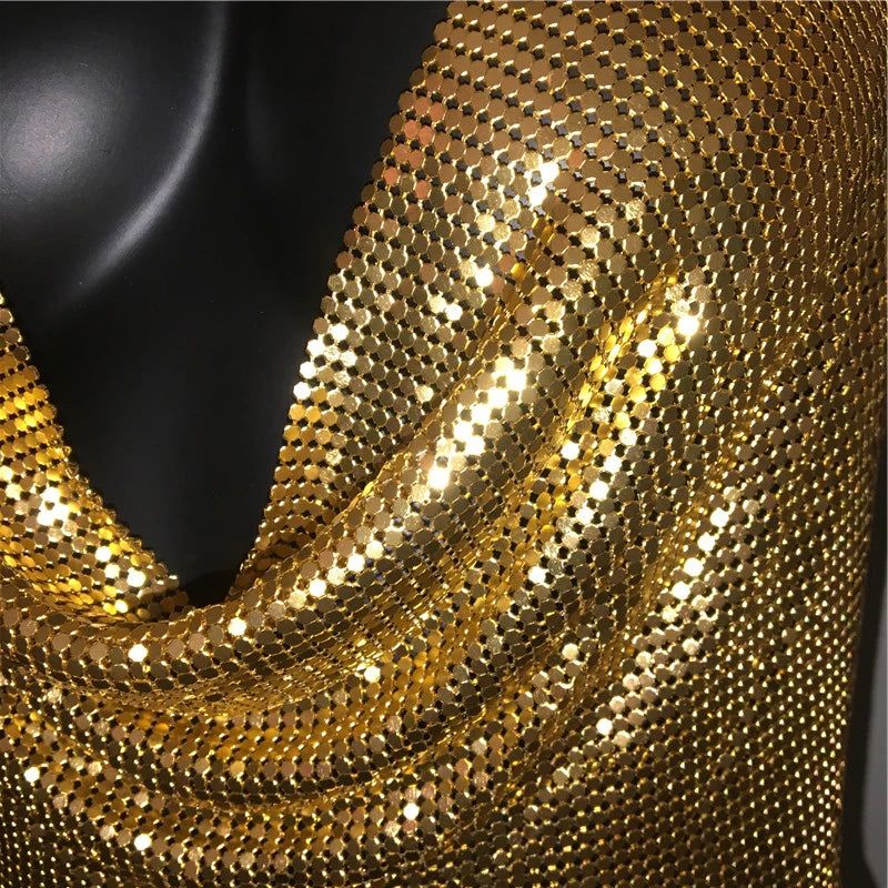 AKYZO Women 2025 Sexy Metal Sequined Tank Camis Summer Gold Silver Backless Cropped Glitter Beach Club Show Wear Tank Tops
