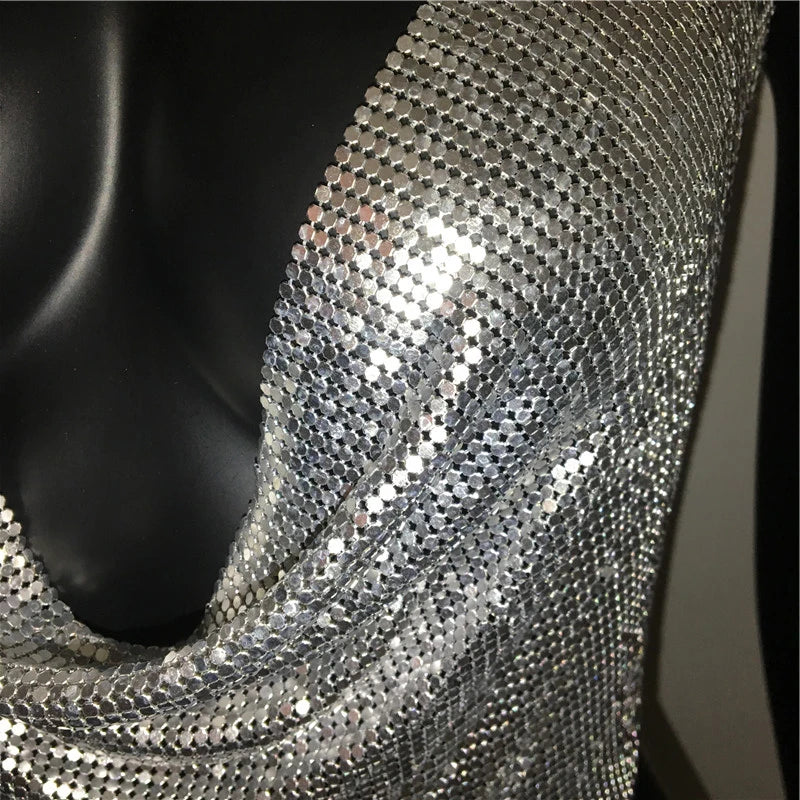 AKYZO Women 2025 Sexy Metal Sequined Tank Camis Summer Gold Silver Backless Cropped Glitter Beach Club Show Wear Tank Tops