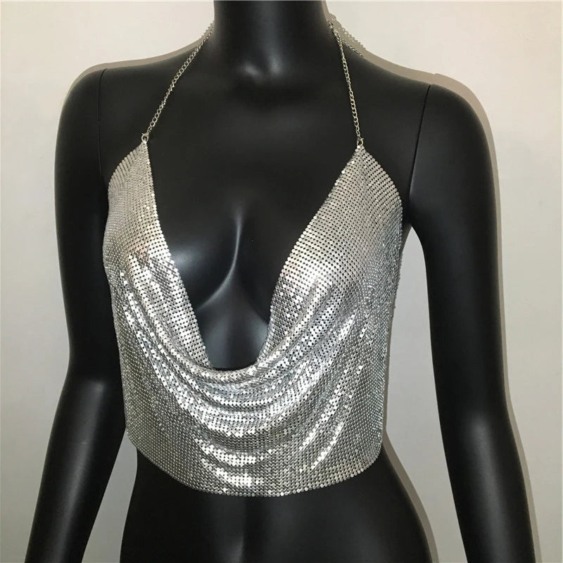 AKYZO Women 2025 Sexy Metal Sequined Tank Camis Summer Gold Silver Backless Cropped Glitter Beach Club Show Wear Tank Tops