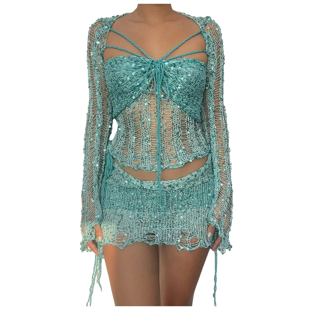 Crochet Knitted Dress 2 Piece Skirt Sets 2025 Women Clothes Sexy Crop Tops Nightclub Knit Sequin Dress 2 Piece Set Outfits
