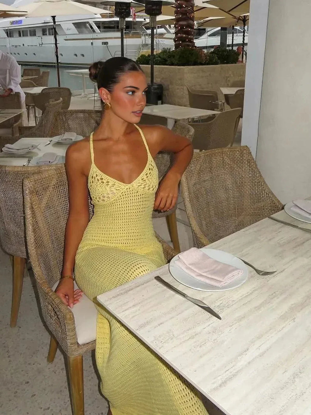 2026 Solid Colour Sexy Knit Cut Out Holiday Swimsuit Cover Up Women's Summer V-Neck Spaghetti Strap Bodycon Beach Maxi Dress K32