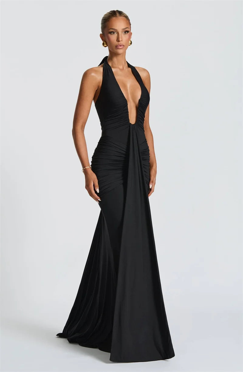 Mozision Deep V Neck Draped Ruched Sexy Maxi Dress Women Summer Fashion Halter Sleeveless Backless Club Party Long Dress Elegant