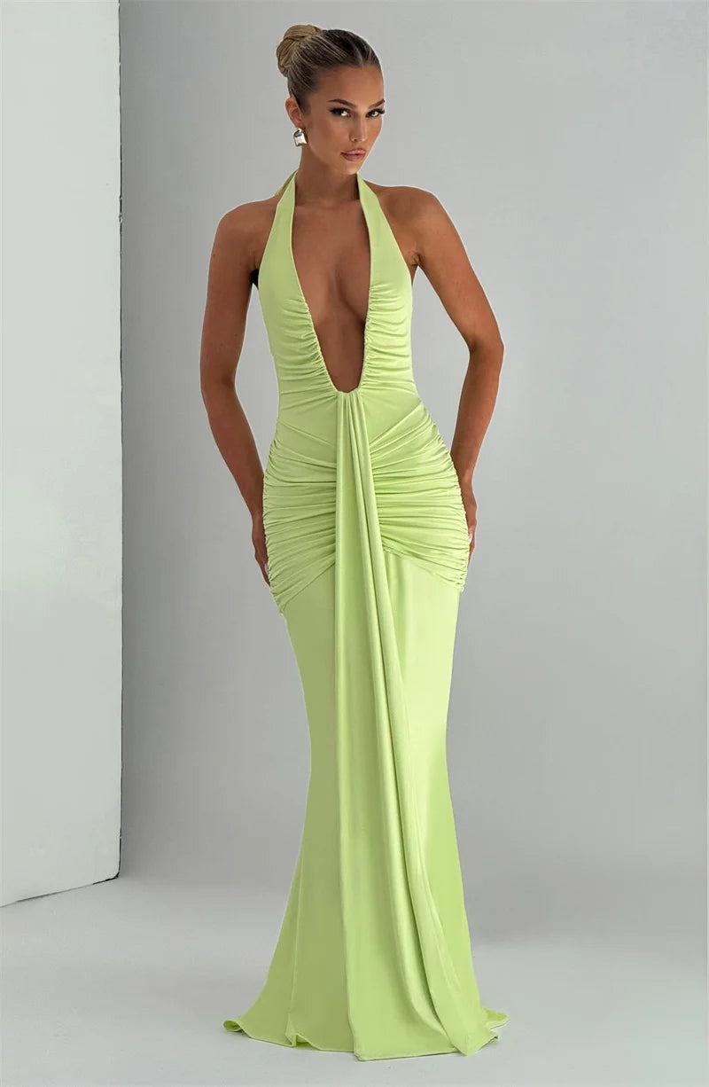 Mozision Deep V Neck Draped Ruched Sexy Maxi Dress Women Summer Fashion Halter Sleeveless Backless Club Party Long Dress Elegant