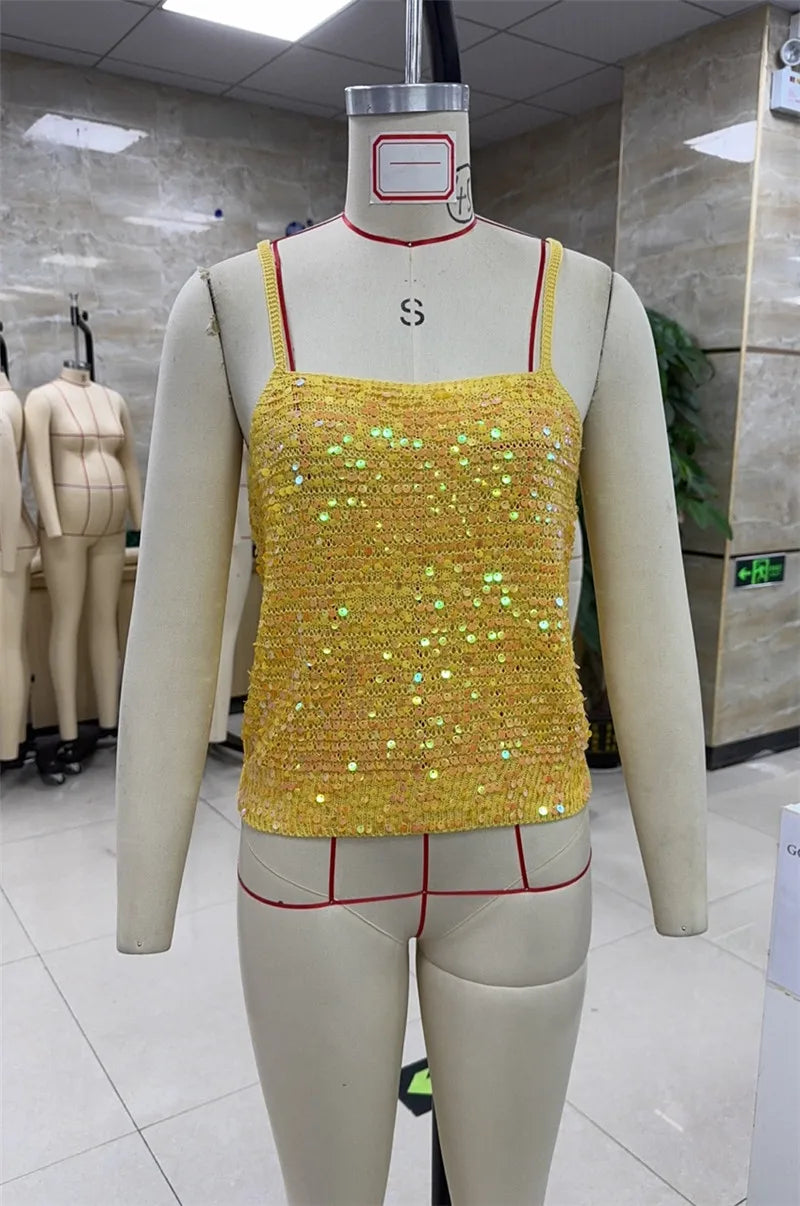 Sequin Embellished Crochet Crop Tops Women Summer Beach Knitted Smocked Camis Sparkly Glitter Backless Cover-up Crop Tops Vest
