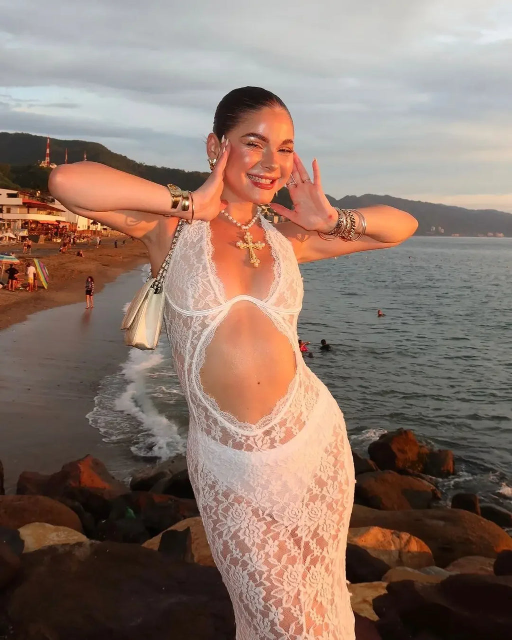 White Lace Hollow-out Halter Dress Women Chic Sexy Sleeveless Off-shoulder Backless Maxi Dresses Lady Vacation Beach 2026 Gowns