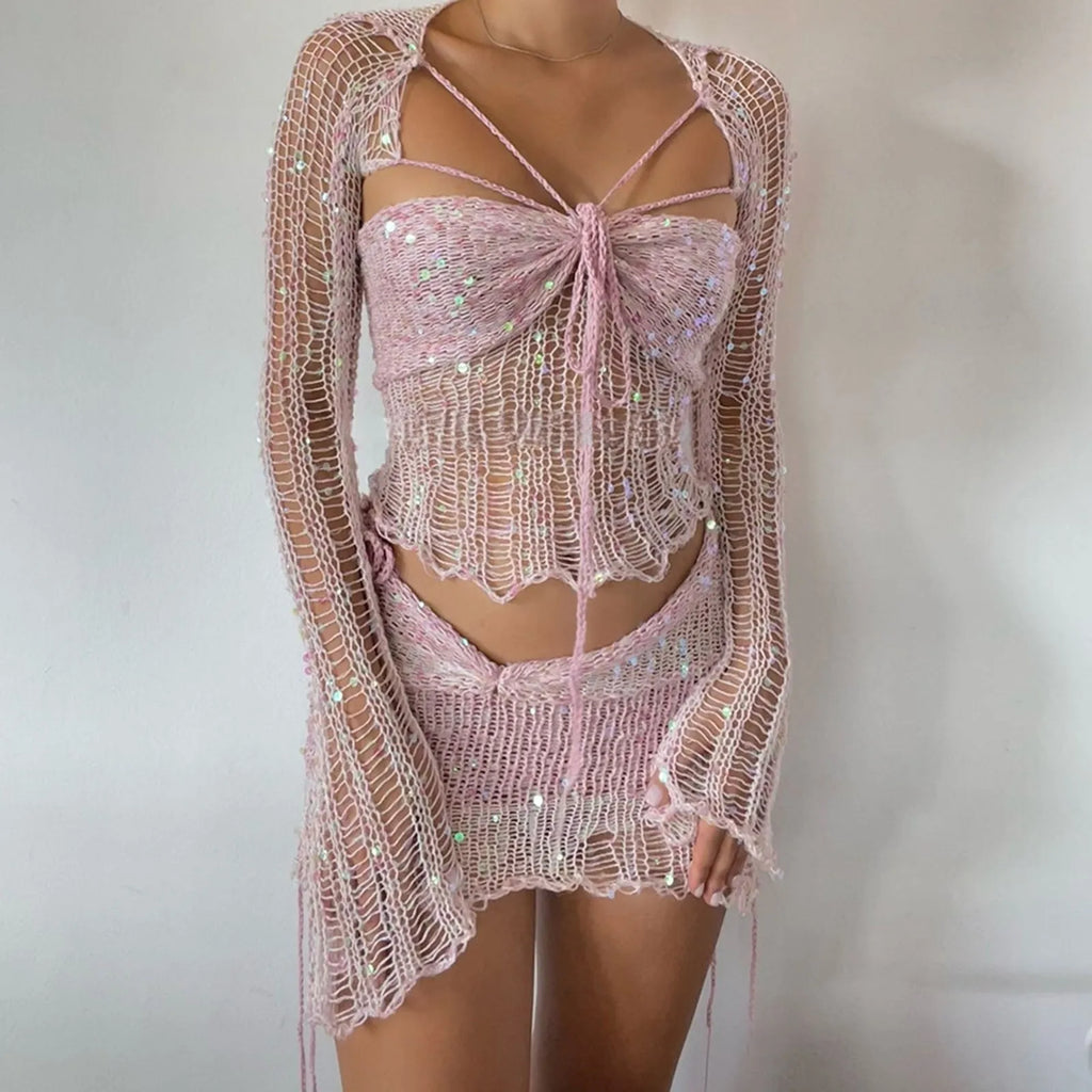 Crochet Knitted Dress 2 Piece Skirt Sets 2025 Women Clothes Sexy Crop Tops Nightclub Knit Sequin Dress 2 Piece Set Outfits