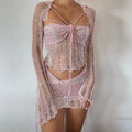 Crochet Knitted Dress 2 Piece Skirt Sets 2025 Women Clothes Sexy Crop Tops Nightclub Knit Sequin Dress 2 Piece Set Outfits