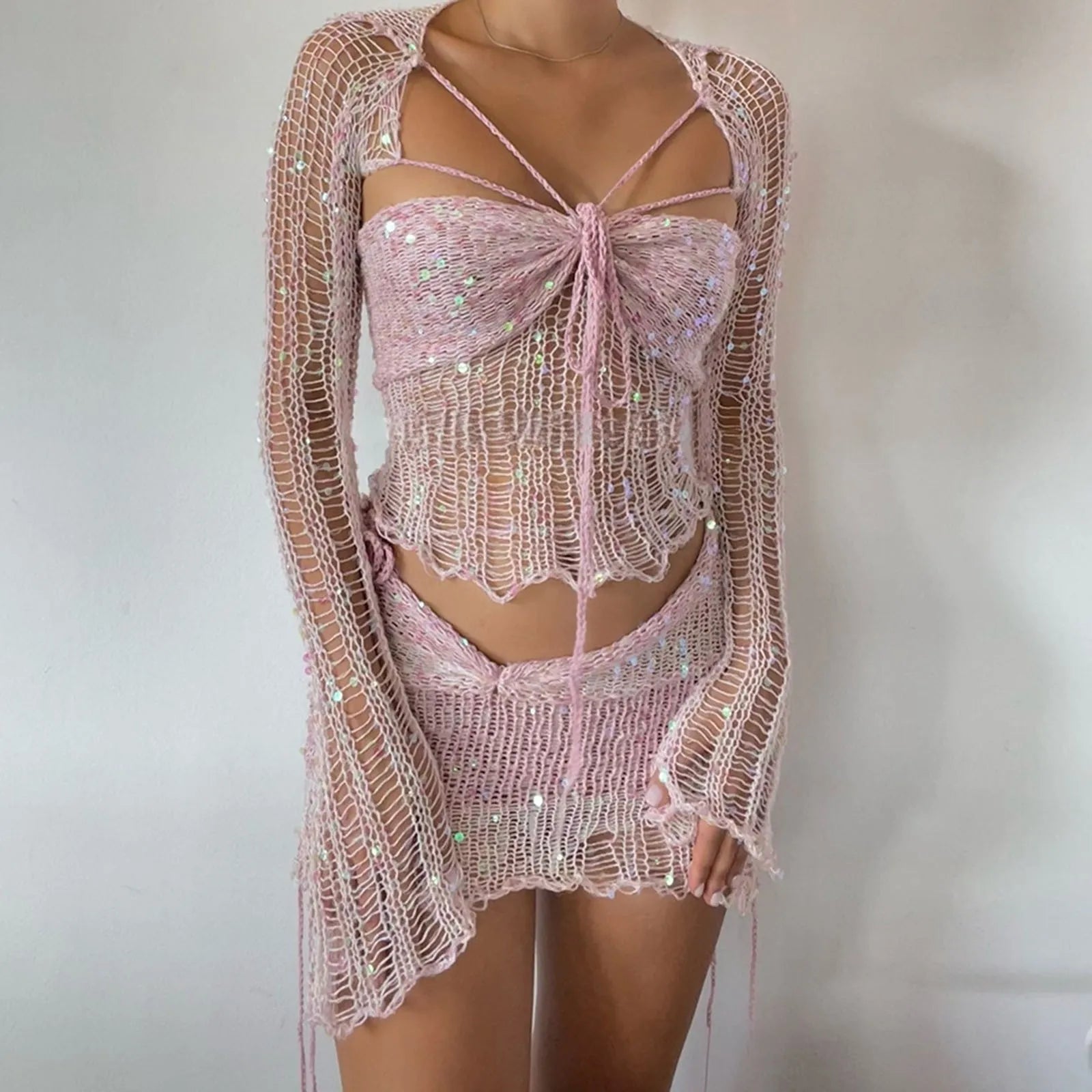 Crochet Knitted Dress 2 Piece Skirt Sets 2025 Women Clothes Sexy Crop Tops Nightclub Knit Sequin Dress 2 Piece Set Outfits
