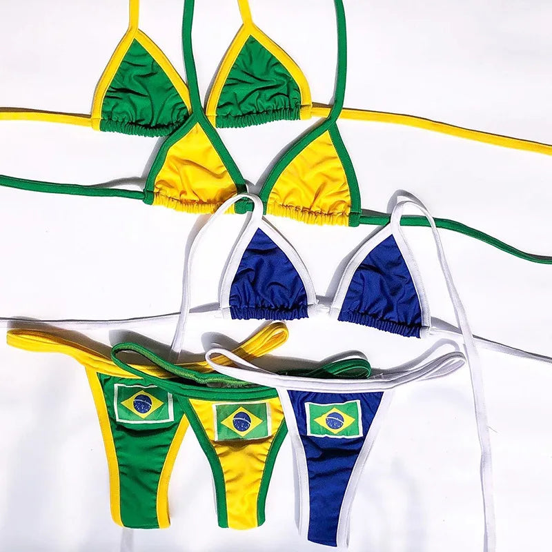 Embroidery Letter Jamaica Color Contrast Split Bikini Set Women Swimwear Patchwork Swimsuit Hottie Outfit Summer Beachwear