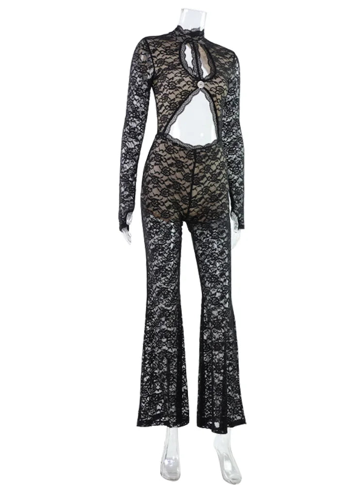 Solid Lace Jumpsuits For Women Fashion Sexy Club Long Sleeves O-Neck Hollow Out See Through Romper Female Streetwear Slim Fit