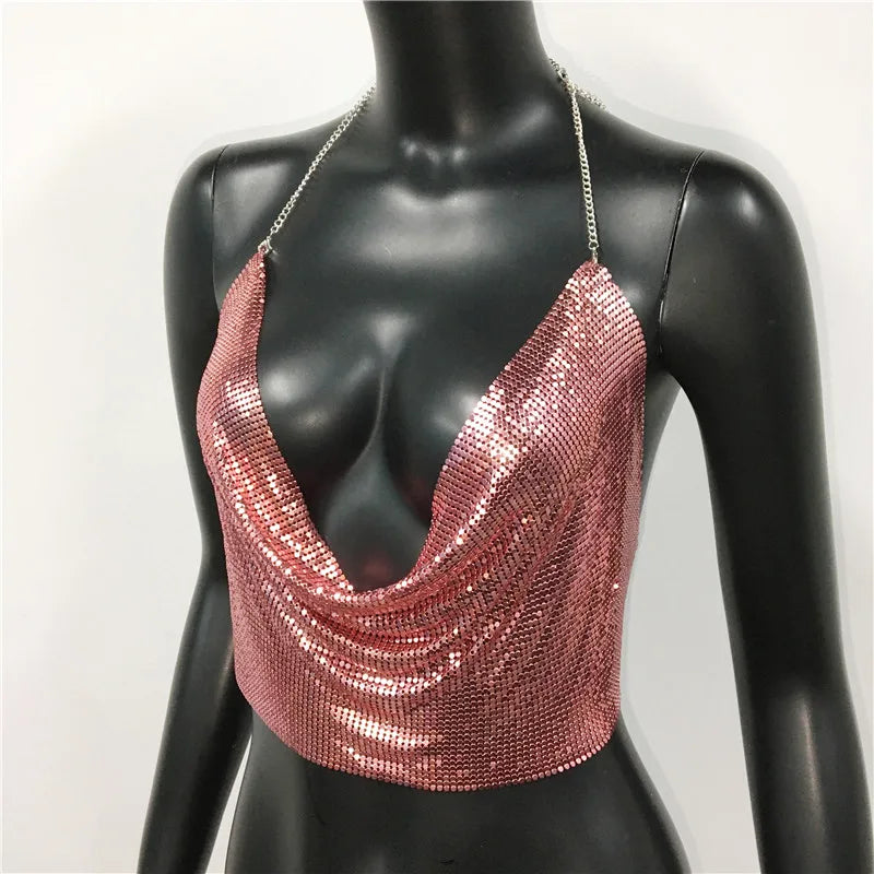 AKYZO Women 2025 Sexy Metal Sequined Tank Camis Summer Gold Silver Backless Cropped Glitter Beach Club Show Wear Tank Tops