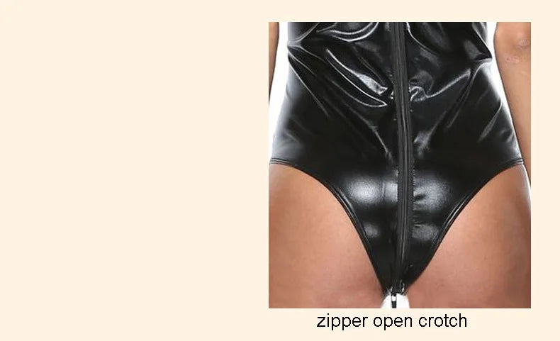 S-4XL Sleeveless High Collar Shiny Faux PU Leather Catsuit Two Way Zipper Open Crotch Bodysuit Tights Sexy Body Teddies Swimsuit