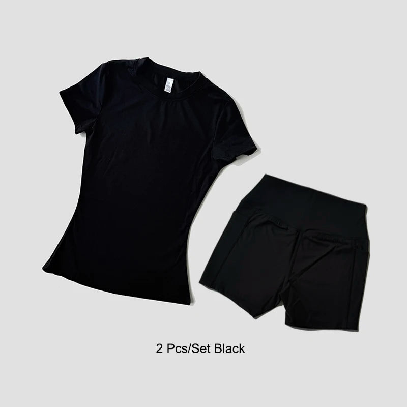 Sports Sets Fitness Hip-lifting Tight Top Short Sleeve Running Workout Gym Shorts Tracksuits For Women Breathable Sports Suits