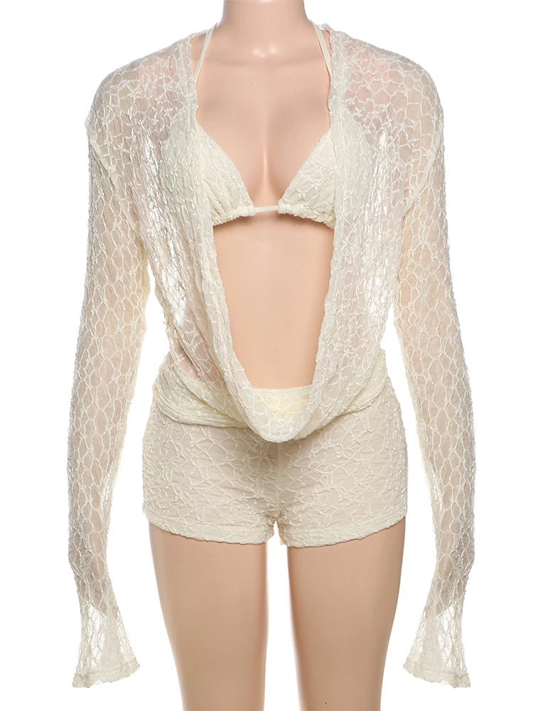 Weird Puss Sexy See Through 3 Piece Set Women Halter Bra+Swing Collar Flared Sleeve T-Shirts+Skinny Shorts Fashion Elegant Set