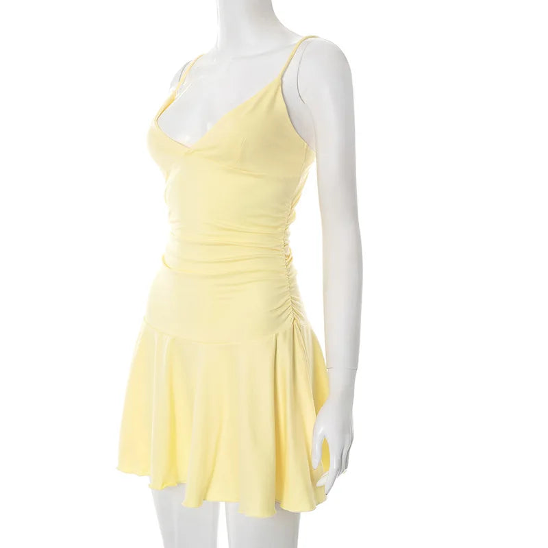 Talenza V-Neck Ruffle Halter Dress Summer New Sexy Sleeveless High Waist Party Pleated Dress Fashion Solid Party Women's Dresses