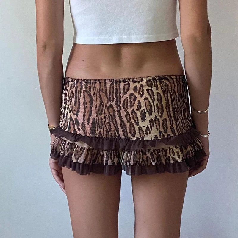 Y2K Skirt Leopard Drawstring Harajuku Streetwear Gothic Retro Mini Skirt Hip Hop Spicy Girls Low Rise Skirts Punk Fashion Dress
