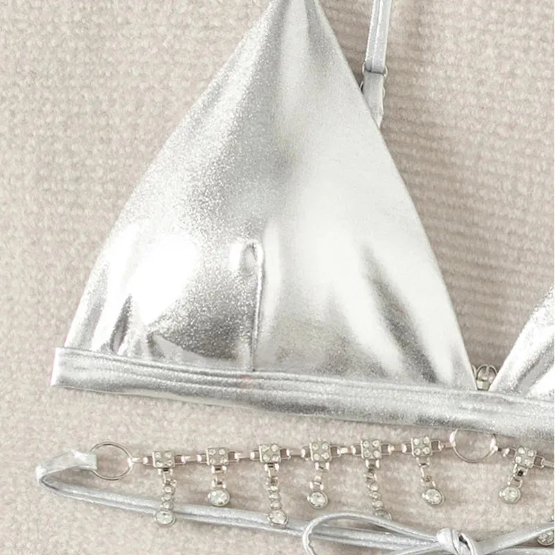 Silver Backless Swimwear Triangle Bikinis Sets Woman 2026 Sexy Swimsuit Summer High Leg Cut Bathing Suit Rhinestone Bikini Dames