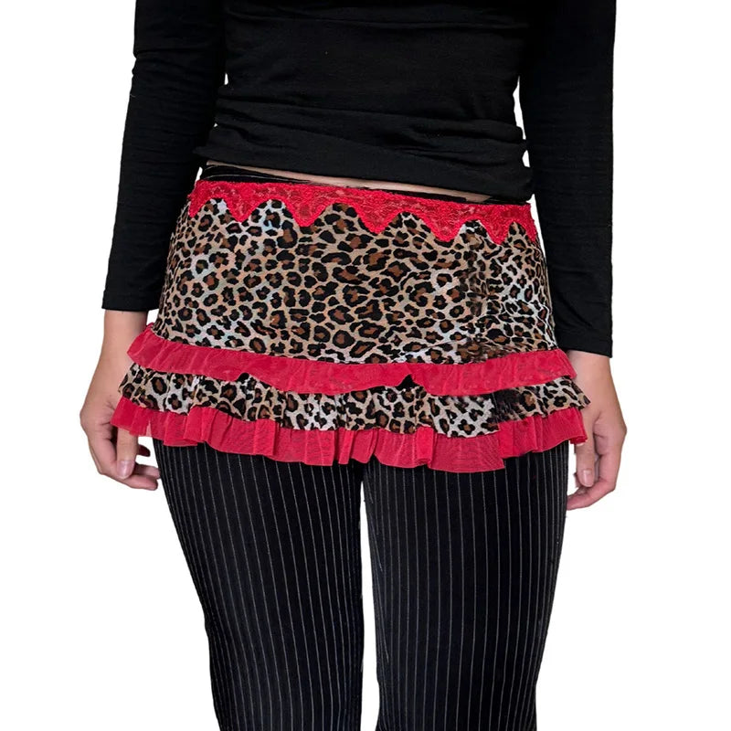 Y2K Skirt Leopard Drawstring Harajuku Streetwear Gothic Retro Mini Skirt Hip Hop Spicy Girls Low Rise Skirts Punk Fashion Dress