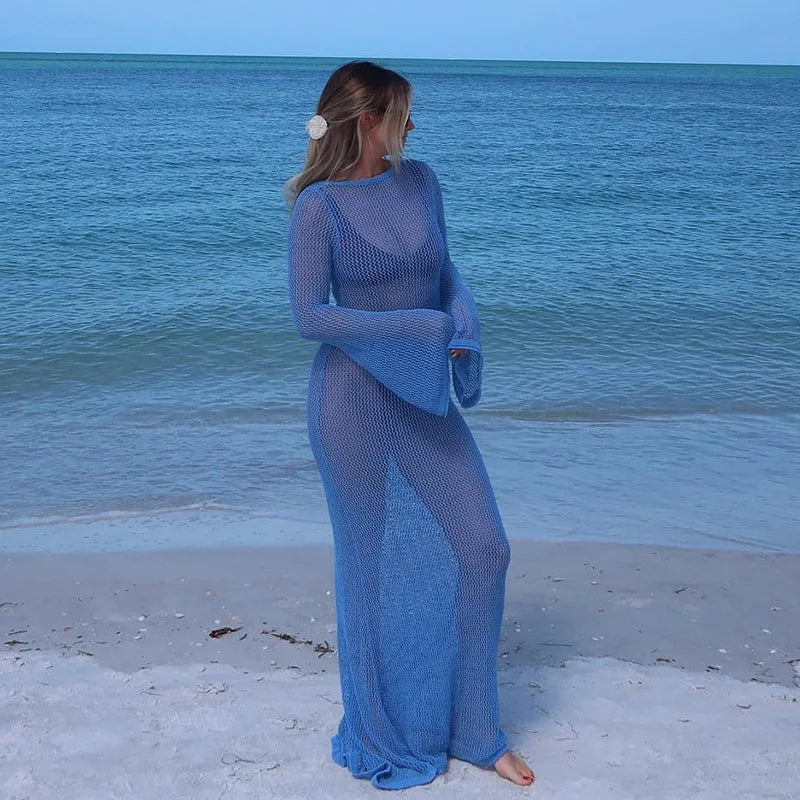 2026 Beach Cover Up Crochet Tunic Bikini Cover-ups Long Sleeve Sexy Hollow Out See Through Maxi Knit Dress Women Summer Outfits
