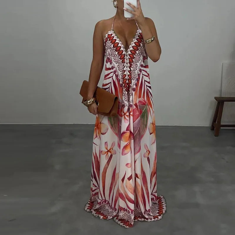 Casual High Waist Evening Party Dress Sexy V-neck Backless Sleeveless Vacation Robes Elegant Bohemian Printed Women Loose Dress