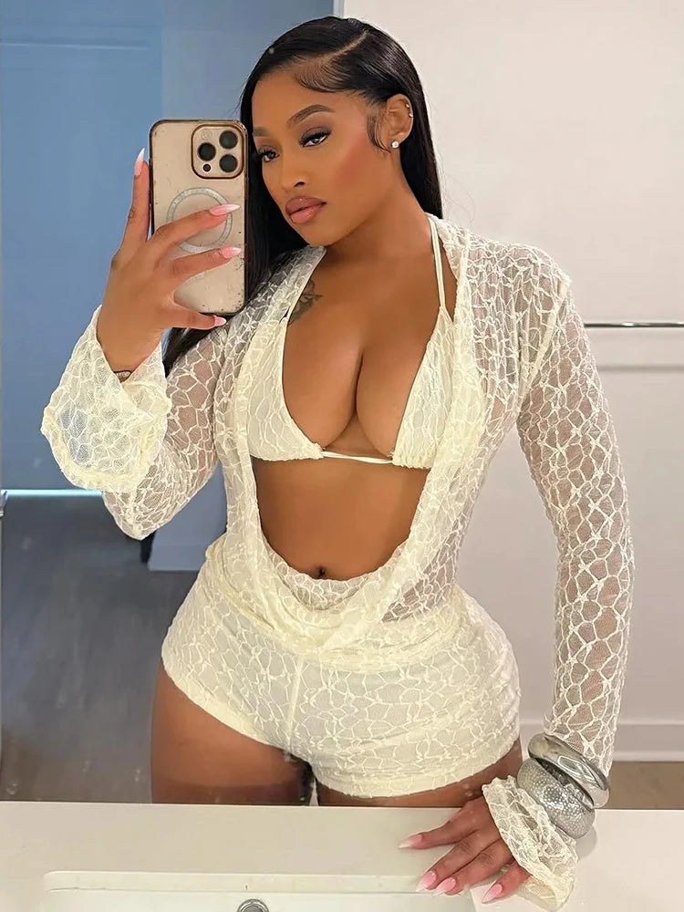 Weird Puss Sexy See Through 3 Piece Set Women Halter Bra+Swing Collar Flared Sleeve T-Shirts+Skinny Shorts Fashion Elegant Set