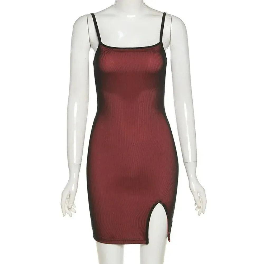 Sexy Wine Red Mesh Skinny Mini Dress Women Elegant Elastic Split Sleeveless Party Vestidos Clubwear Slim Sling Bodycon Dresses