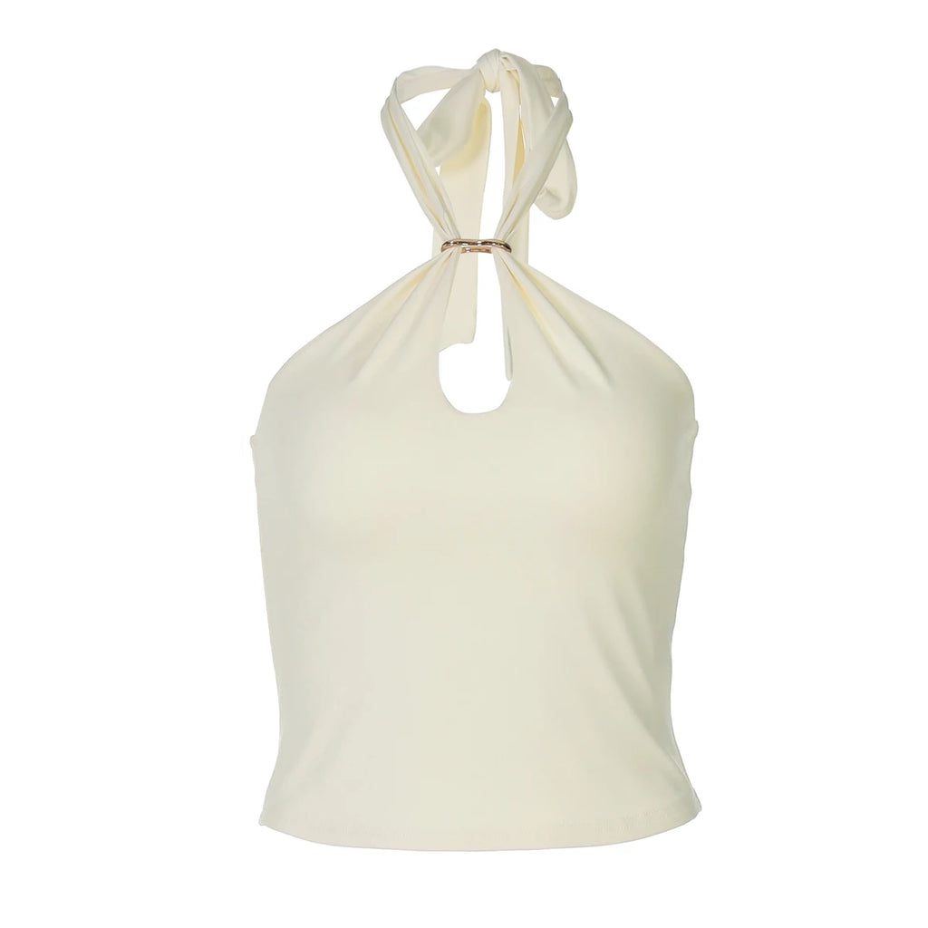 Hugcitar Women Fashion Halter Solid Loop Backless Bandage Sexy Crop Tank Top 2025 Summer Casual Clothes Streetwear Vacation Club