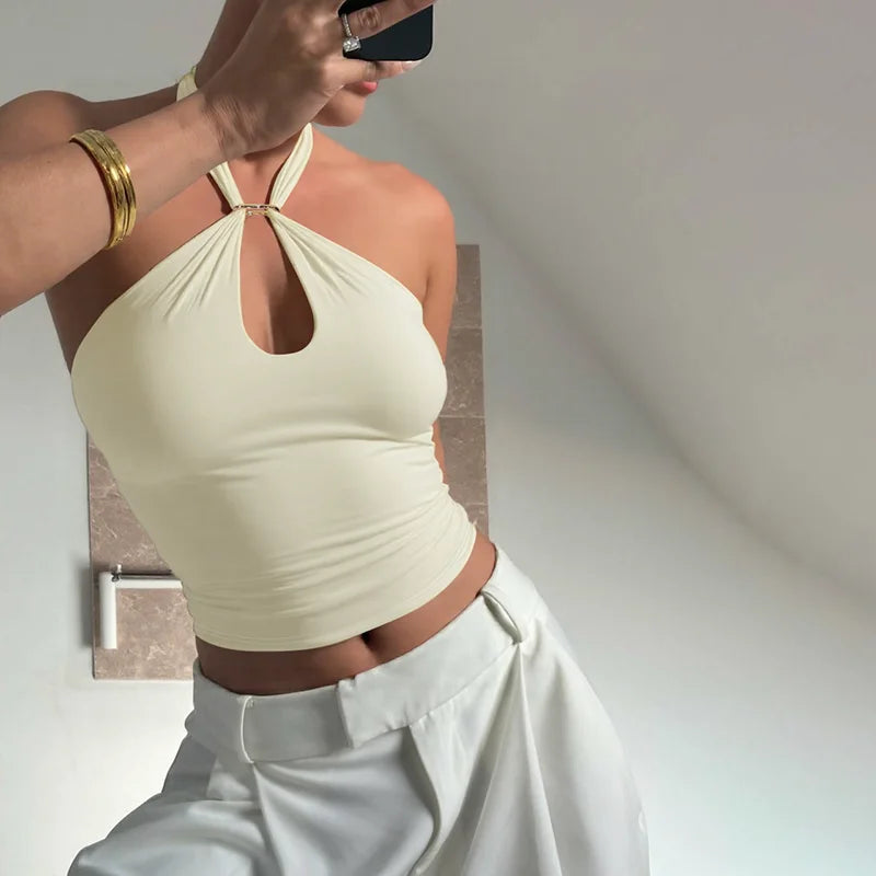 Hugcitar Women Fashion Halter Solid Loop Backless Bandage Sexy Crop Tank Top 2025 Summer Casual Clothes Streetwear Vacation Club
