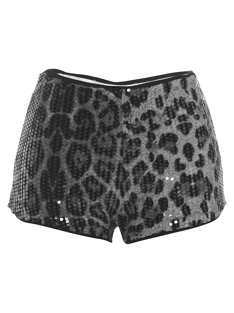 Sisterlinda Popular Women Shorts Fashion Leopard Print High Waist Skinny Mini Bottoms Shiny Sequins Female Attractive Streetwear