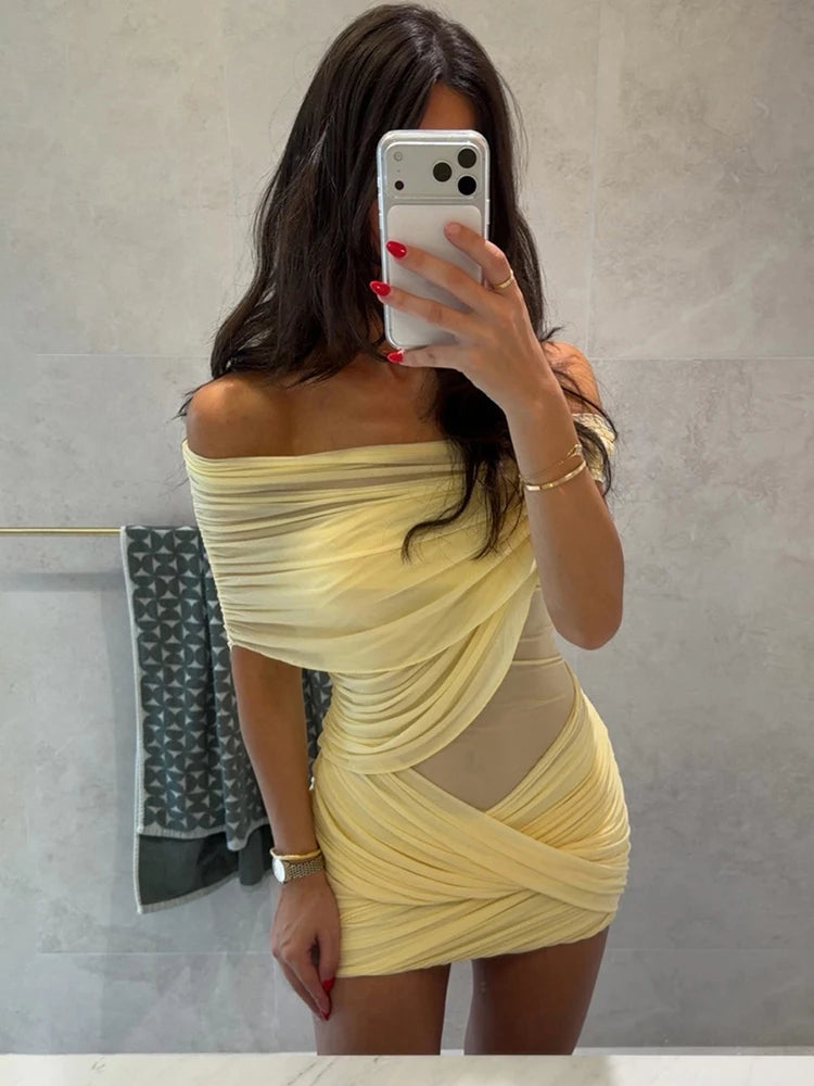 Nibber Prom Party Dress Women Sexy Patchwork Sexy Multi-Layer Mesh Cross Peach Hip Chic Clubwear Birthday Vacation Mini Bodycon