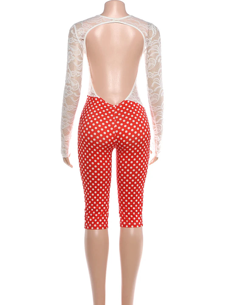 SIsterlinda Backless Romper Women Sexy Jacquard Patchwork Dot Print Tight Midnight Hipster Street Activity Skinny Fall Playsuit
