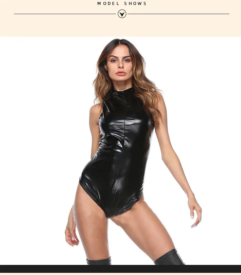 S-4XL Sleeveless High Collar Shiny Faux PU Leather Catsuit Two Way Zipper Open Crotch Bodysuit Tights Sexy Body Teddies Swimsuit