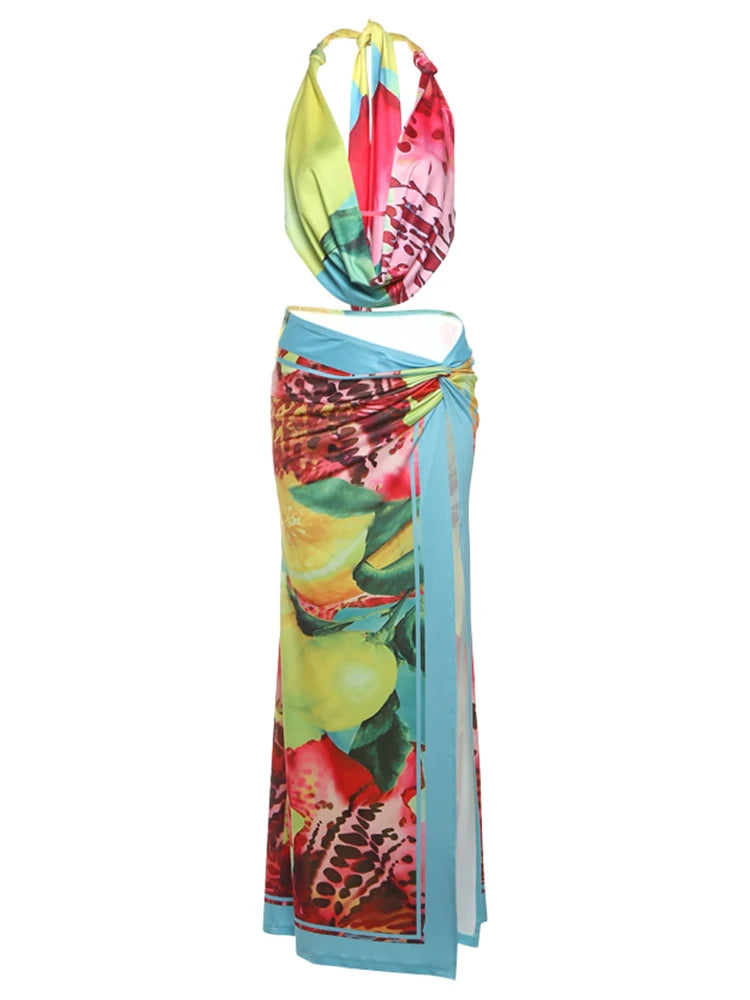 Weird Puss Colorful Leopard Women 2 Piece Set Y2K Beach Vacation Halter Tank Tops+Wrapped Maxi Skirts Matching Vacation Clubwear