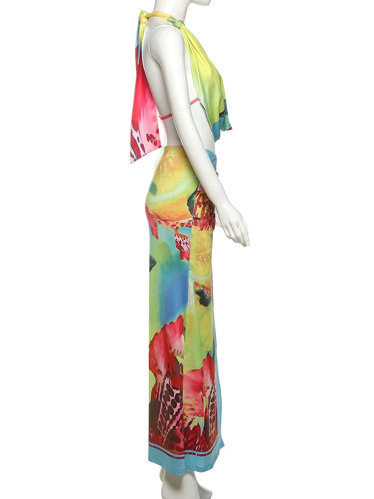 Weird Puss Colorful Leopard Women 2 Piece Set Y2K Beach Vacation Halter Tank Tops+Wrapped Maxi Skirts Matching Vacation Clubwear
