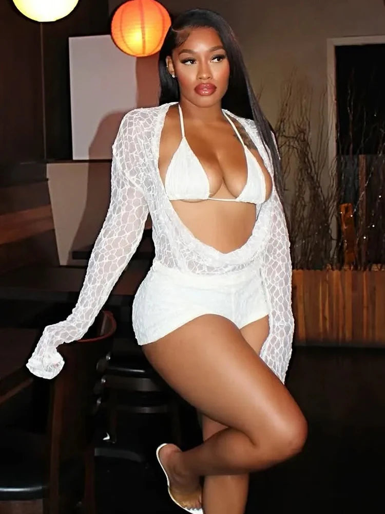 Weird Puss Sexy See Through 3 Piece Set Women Halter Bra+Swing Collar Flared Sleeve T-Shirts+Skinny Shorts Fashion Elegant Set
