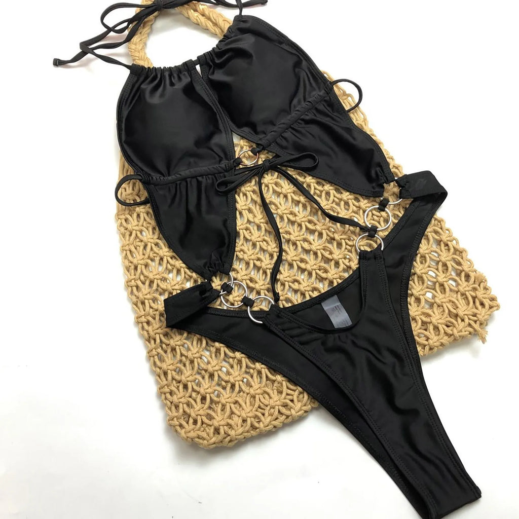 Sexy Bikini Personality Simple Female Swimsuit Solid Color Lace Up Sexy Bikini High Waisted Bikini Bottoms