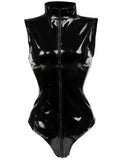 S-4XL Sleeveless High Collar Shiny Faux PU Leather Catsuit Two Way Zipper Open Crotch Bodysuit Tights Sexy Body Teddies Swimsuit