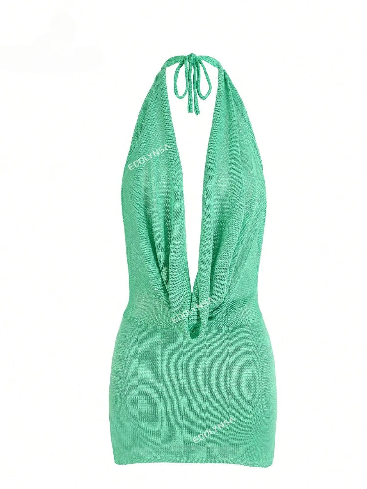2026 Women's Chic Bright Knitted Dresses Sexy Stacked V Halter Neck Backless Knit Beach Mini Dress Summer Swimsuit Cover Up K145