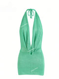 2026 Women's Chic Bright Knitted Dresses Sexy Stacked V Halter Neck Backless Knit Beach Mini Dress Summer Swimsuit Cover Up K145