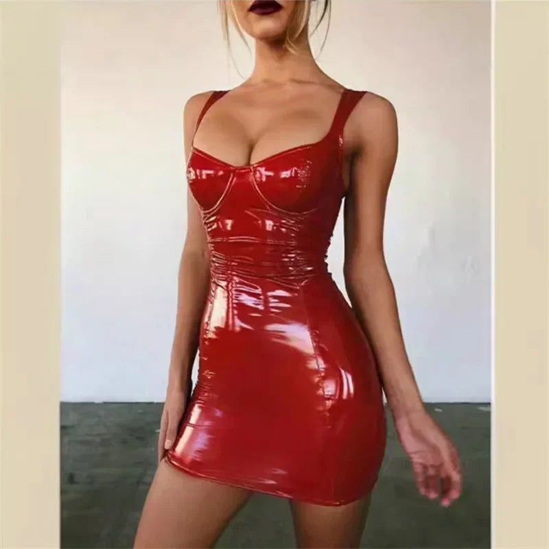 Women Glossy Patent Leather Sleeveless Dresses Sexy Slim Fit Wrap Hip Dress Female Casual Party Nightclub Suspenders Short Gown