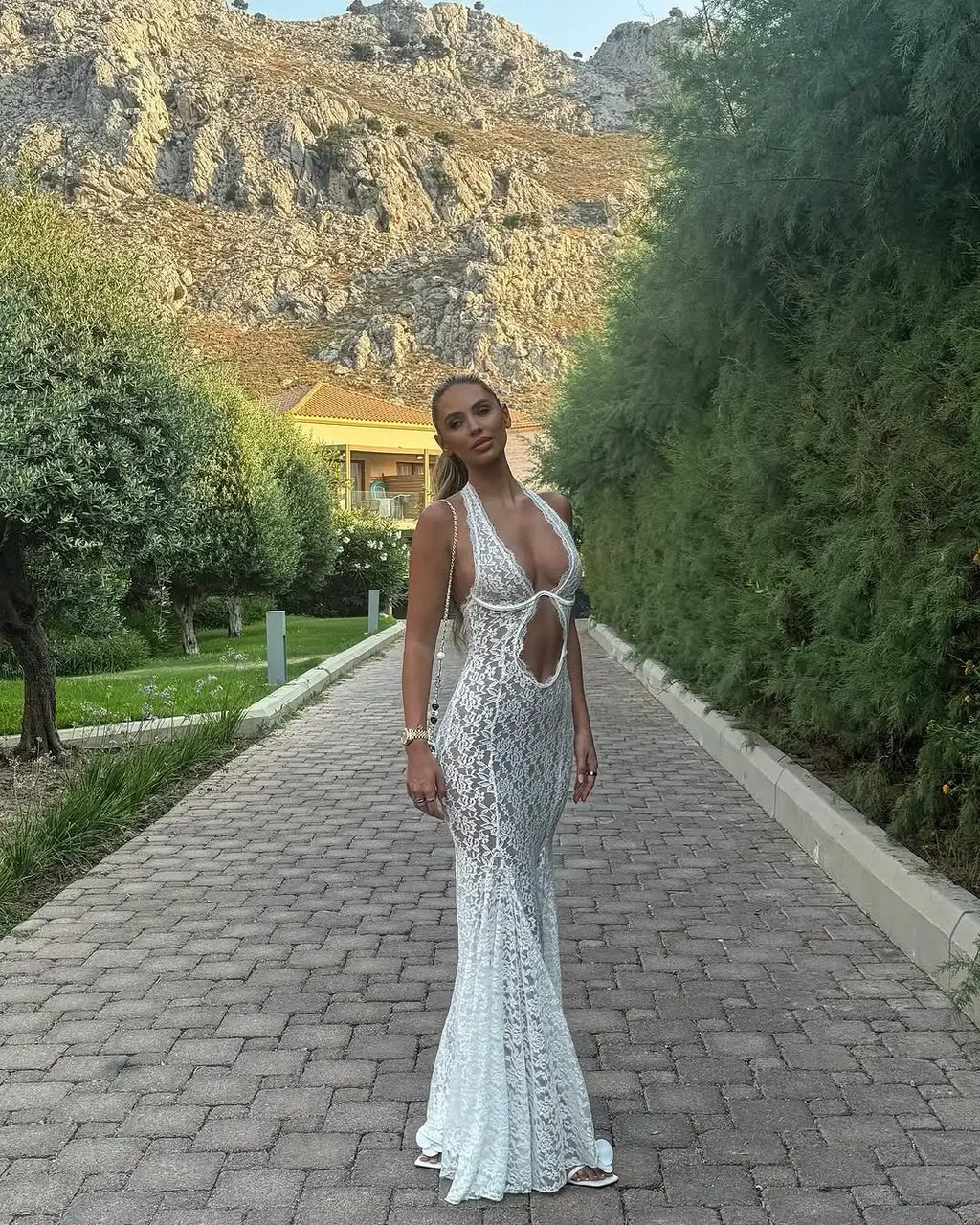 White Lace Hollow-out Halter Dress Women Chic Sexy Sleeveless Off-shoulder Backless Maxi Dresses Lady Vacation Beach 2026 Gowns
