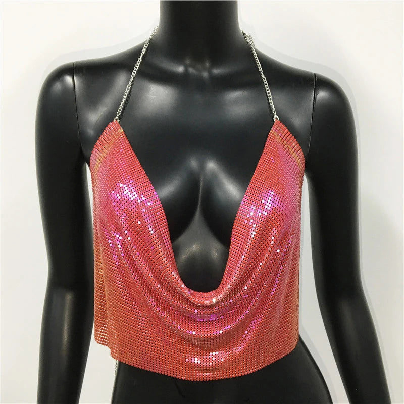 AKYZO Women 2025 Sexy Metal Sequined Tank Camis Summer Gold Silver Backless Cropped Glitter Beach Club Show Wear Tank Tops