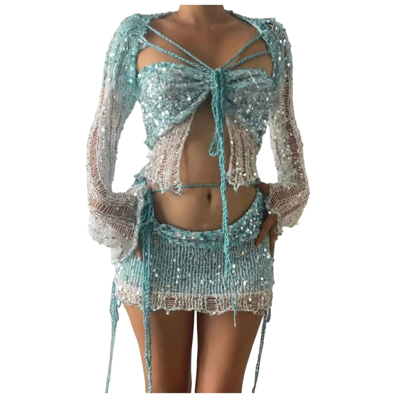 Crochet Knitted Dress 2 Piece Skirt Sets 2025 Women Clothes Sexy Crop Tops Nightclub Knit Sequin Dress 2 Piece Set Outfits