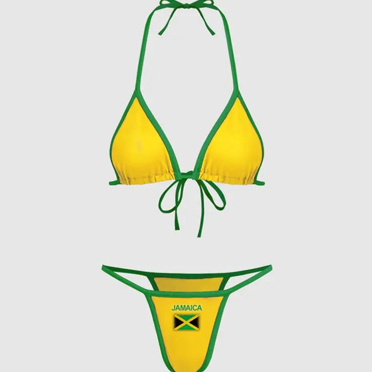 Embroidery Letter Jamaica Color Contrast Split Bikini Set Women Swimwear Patchwork Swimsuit Hottie Outfit Summer Beachwear