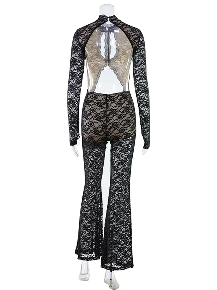 Solid Lace Jumpsuits For Women Fashion Sexy Club Long Sleeves O-Neck Hollow Out See Through Romper Female Streetwear Slim Fit