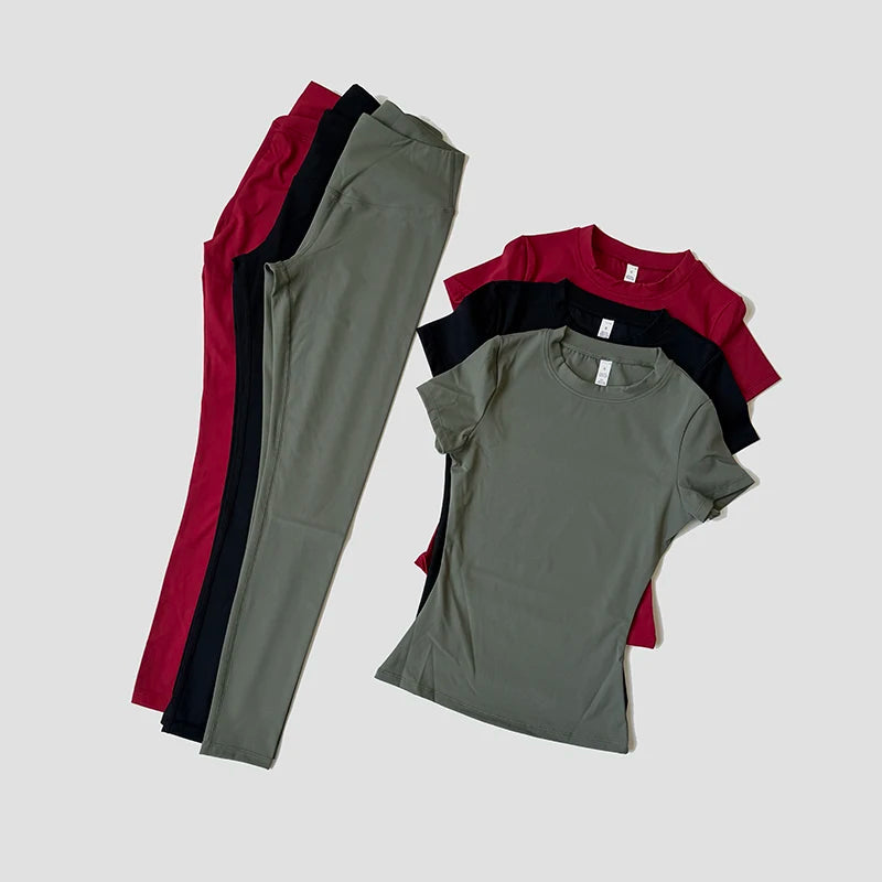 Quick-Drying Gym Leggings Set Sport Suit Short Sleeve Breathable Stretchy Slim Fitness Active Top Tight Gym Set