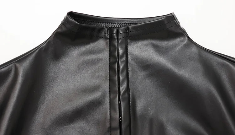 CNYISHE PU Leather Button Solid Short Sleeve Women Tops Sheath Fashion High Collar Blouse Fitness Female Sexy Club Tees Chic