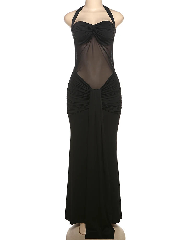 kliou Patchwork Elegant Women Maxi Dress Classic Sexy Sheer Ribbons Halter Backless Bodycon Female Trend Festival Evening Wear